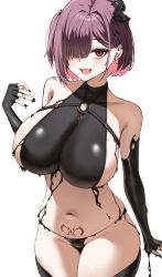 1girl above_cleavage_cutout absurdres belt black_gloves black_horns black_liquid blush breasts chest_belt colored_inner_hair elbow_gloves fingerless_gloves gloves goddess_of_victory:_nikke hair_over_one_eye highres horns liquid_clothes looking_at_viewer medium_hair multicolored_hair murding navel o-ring o-ring_belt open_mouth pink_hair pubic_tattoo purple_hair red_eyes sideboob simple_background single_horn solo stomach tattoo thighs wet_suit white_background ziz_(nikke)