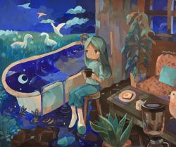 1girl acrylic_paint_(medium) aqua_hair aqua_pants aqua_slippers artist_name bad_id bad_pixiv_id bathtub bird black_eyes blue_shirt blue_sky bread bread_slice bright_pupils brown_eyes child cloud cockatoo coffee_maker couch crescent_moon cup curtains cushion dark-skinned_female dark_skin drink egg_(food) faucet female_focus flat_chest floral_print food fried_egg fried_egg_on_toast full_body grass hands_up highres holding holding_cup indoors long_hair long_sleeves moon mug night no_mouth on_stool original outdoors painting_(medium) pants parted_bangs plant potted_plant puddle reflection ripples shirt signature single_slipper sitting sky slippers socks solo star_(symbol) stool susutouka swan table toast traditional_media water white_pupils white_socks window