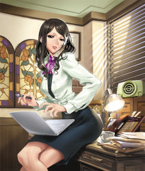 1girl bad_anatomy black_hair brown_eyes brown_hair cellphone computer computer_keyboard cradling_phone cup desk female_focus head_tilt lamp laptop lips maeda_hiroyuki misono_youko mug office_lady pen pencil_skirt phone radio sitting skinny skirt slender solo stained_glass sunlight talking_on_phone tantei_jinjuuji_saburou window window_blinds