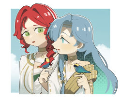 2girls 37_(reverse:1999) :d :o ancient_greek_clothes bird bird_on_hand blue_eyes blue_hair blue_sky border cloud daku_k gold_choker greco-roman_clothes green_eyes halftone hands_up highres long_hair looking_at_another medium_hair multiple_girls open_mouth outside_border profile red_hair reverse:1999 side-by-side single_bare_shoulder sky smile sophia_(reverse:1999) white_border