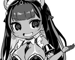1girl @_@ animal_ears azur_lane azur_lane:_slow_ahead between_breasts breasts chibi chibi_only cleopatra_(azur_lane) cleopatra_(stars_and_roses)_(azur_lane) corset dark-skinned_female dark_skin earrings gloves greyscale hoop_earrings jackal_ears jackal_girl jewelry large_breasts long_hair maid maid_headdress monochrome necktie necktie_between_breasts nervous_smile nervous_sweating official_art open_mouth simple_background smile solo sweat tan tanline white_background