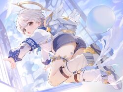Rule 34 | 1boy, ass, backpack, bag, blue shorts, brown eyes, cocolo (co co lo), commentary request, halo, highres, long sleeves, looking at viewer, male focus, open mouth, original, randoseru, shorts, socks, solo, white hair, white socks, wings, yellow halo