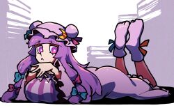 1girl :&lt; bow breasts bright_pupils closed_mouth crescent crescent_pin dress full_body hair_bow hat iganashi1 large_breasts legs_up long_hair looking_at_viewer lying mob_cap on_stomach one-hour_drawing_challenge patchouli_knowledge purple_dress purple_eyes purple_hair purple_hat purple_shoes shoes sidelocks solo striped_clothes striped_dress the_pose touhou white_pupils