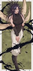 1girl black_footwear black_hair jujutsu_kaisen leotard leotard_under_clothes looking_at_viewer pants rei_(poro06625649) sleeveless sleeveless_turtleneck solo turtleneck white_pants yorozu_(jujutsu_kaisen)