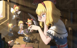 2girls :d alice_margatroid anarchojs basket blonde_hair blue_dress blue_eyes blush book bookshelf bottle bouquet broom candle capelet chinese_commentary doll dress fairy_wings flower grimoire_of_alice hairband hakurei_reimu highres holding holding_bouquet inkwell jewelry kirisame_marisa medium_hair mini_person minigirl multiple_girls mushroom on_one_knee open_mouth patchouli_knowledge puppet_rings puppet_strings purple_ribbon quill red_hairband red_ribbon ribbon ring scroll shanghai_doll smile table throwing throwing_petals touhou white_capelet window wings yuri