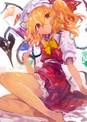 1girl absurdres ascot barefoot blonde_hair bloomers closed_mouth commentary crystal crystal_wings fang flandre_scarlet hat highres kaamin_(mariarose753) laevatein_(touhou) mob_cap red_eyes red_skirt red_vest shirt short_sleeves sitting skin_fang skirt solo touhou underwear vest white_hat white_shirt wings yellow_ascot