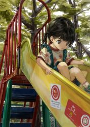 1girl absurdres bad_id bad_twitter_id black_eyes black_hair blurry braid branch chain-link_fence child day depth_of_field female_focus fence highres multicolored_eyes open_mouth original outdoors playground railing sero3eta shirt short_twintails slide sliding solo star_(symbol) star_print tree twin_braids twintails two-tone_eyes