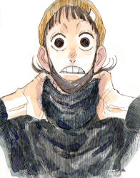 Rule 34 | 1boy, beanie, blush, clenched teeth, d:, ee (ekk1mukk), hands on own neck, hat, hatching (texture), highres, linear hatching, looking at viewer, male focus, marker (medium), mask, mask pull, midousuji akira, mouth mask, mullet, nose blush, open mouth, painting (medium), portrait, raised eyebrows, short hair, signature, simple background, solid circle pupils, solo, straight-on, sweater, teeth, traditional media, turtleneck, turtleneck sweater, watercolor (medium), white background, wide-eyed, wispy bangs, yellow hat, yowamushi pedal
