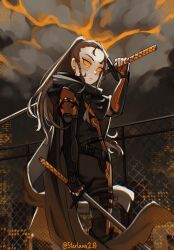 1girl absurdres artist_name black_bodysuit black_cape black_scarf bodysuit borrowed_character braided_sidelock brown_hair cape chain-link_fence city cloud cloudy_sky colored_sclera dual_wielding fence flat_chest hair_behind_ear highres holding holding_sword holding_weapon looking_down night orange_sclera original over_shoulder ponytail scarf sky solo starlava sword weapon weapon_over_shoulder white_eyes