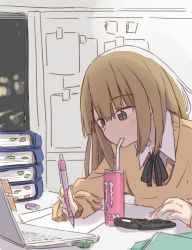 1girl black_ribbon brown_hair brown_sweater calculator can character_request collared_shirt computer copyright_request drinking_straw grey_eyes highres holding holding_pen laptop long_hair monster_energy neck_ribbon paper pen pok_(pok_0002) ribbon shirt sidelocks sitting sweater table usb white_shirt