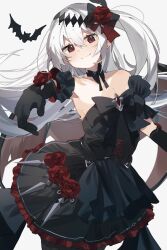 1girl bare_shoulders bat_(animal) bat_wings black_bow black_bowtie black_dress black_gloves bow bowtie breasts cleavage closed_mouth collarbone commission demon_girl dress elbow_gloves fang fishnet_pantyhose fishnets flower frilled_dress frills gloves grey_background hair_flower hair_ornament hand_up higa_(gominami) highres long_hair looking_at_viewer mare_(ac8231) naked_bowtie one_side_up original pantyhose red_eyes red_flower red_rose rose simple_background skeb_commission small_breasts solo vampire white_hair wings