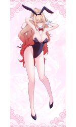 1girl animal_ears armpits arms_behind_head arms_up bare_legs bare_shoulders black_hairband black_shoes blonde_hair bow bowtie breasts cleavage commission covered_navel detached_collar duurumi fake_animal_ears full_body gradient_hair grin hairband high_ponytail highleg highleg_leotard highres large_breasts leotard long_hair looking_at_viewer multicolored_hair orange_eyes original playboy_bunny ponytail rabbit_ears shoes smile solo strapless strapless_leotard thighs very_long_hair wavy_hair white_background wrist_cuffs