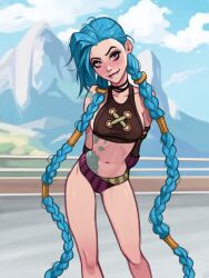 1girl arcane:_league_of_legends arms_behind_back biting_own_lip blue_hair blush braid breasts cloud_tattoo collarbone commentary english_commentary highres jinx_(league_of_legends) league_of_legends long_hair medium_breasts midriff navel olena_minko parted_lips solo tattoo twin_braids very_long_hair