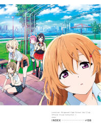 5girls ahoge artbook asymmetrical_hair black_hair blonde_hair blue_hoodie blue_skirt blunt_bangs bob_cut bow bowtie bridge brown_cardigan brown_hair building buttons cardigan clothes_around_waist cloud collared_shirt day dress_shirt grey_eyes hair_between_eyes hair_ornament hairclip highres hood hoodie jacket jacket_around_waist konoe_kanata lamppost long_hair long_sleeves looking_at_viewer love_live! love_live!_nijigasaki_high_school_idol_club medium_hair miyashita_ai multiple_girls nakasu_kasumi neck_ribbon nijigasaki_school_uniform non-web_source official_art orange_eyes outdoors pink_eyes pink_hair plaid_clothes plaid_skirt pleated_skirt ponytail purple_eyes red_bow red_bowtie red_skirt ribbon school_uniform shirt shoes short_hair short_sleeves sidelocks skirt sky smile socks squatting summer_uniform sweater sweater_around_waist tennoji_rina tree vest white_shirt yellow_bow yellow_bowtie yellow_jacket yuki_setsuna