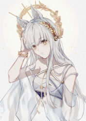 1girl absurdres animal_ears arknights bare_shoulders chinese_commentary commentary_request criss-cross_halter halterneck hand_on_own_head highres horse_ears horse_girl huo_jian_chong_rudao_76 laurel_crown long_hair looking_at_viewer official_alternate_costume platinum_(arknights) platinum_(shimmering_dew)_(arknights) simple_background solo swimsuit_cover-up upper_body white_background white_hair