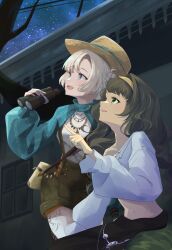 2girls :d bag binoculars black_hair blue_eyes blue_sleeves boater_hat braid braided_hair_rings brown_headwear brown_shorts building cowboy_shot from_side green_eyes green_skirt grey_hair hair_rings hairband highres holding holding_binoculars index_finger_raised jewelry kanjira leg_tattoo long_hair matilda_bouanich matilda_bouanich_(the_genius&#039;s_holiday) multiple_girls natsunosemi navel necklace night night_sky open_mouth overall_shorts overalls pointing profile reverse:1999 shirt shorts shoulder_bag shrug_(clothing) single_bare_shoulder single_off_shoulder skirt sky smile star_(sky) starry_sky stomach tattoo twin_braids white_shirt yellow_hairband