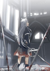 Rule 34 | 1girl, absurdres, animal ears, arknights, black boots, black coat, blood, blood on clothes, blood on face, blood on leg, blood stain, bloody weapon, boots, coat, corpse, crazy, crazy smile, day, dress, from behind, grey hair, highres, holding, holding sword, holding weapon, indoors, kirina zero, lappland (arknights), layered sleeves, long hair, long sidelocks, long sleeves, looking at viewer, looking back, medium dress, messy hair, open mouth, pillar, railing, short over long sleeves, short sleeves, sidelocks, smile, solo focus, sword, torn clothes, torn dress, tower, very long hair, weapon, white dress, wolf ears, yellow eyes