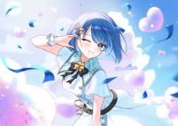 1girl ;) absurdres black_bow blue_eyes blue_hair blue_ribbon blue_sky blush bow breasts closed_mouth commentary_request dress hair_ornament hand_up heart highres kiritani_haruka looking_at_viewer medium_breasts one_eye_closed project_sekai ribbon rin_(ryne_0303) short_sleeves sky smile solo twitter_username white_dress