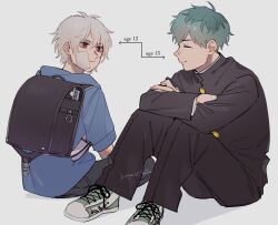 2boys aged_down aohitsugi_samatoki aqua_hair arm_between_legs backpack bag bandage_on_face bandages black_bag black_jacket blue_shirt character_age character_name closed_eyes converse crossed_arms denim elbows_on_knees expressionless facing_another full_body gakuran green_shoes hair_between_eyes highres holding holding_bag hood hood_down hypnosis_mic jacket jeans knees_up long_sleeves looking_at_another male_focus multicolored_hair multiple_boys nurude_sasara pants randoseru red_eyes school_uniform shadow shirt shoes short_hair simple_background sitting smile sneakers twitter_username urata_(kogasitata) white_background white_hair