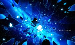 artist_name blue_theme breaking english_text glowing highres hoshikui no_humans original shoutarou_(shoutarotttt) sky solo space star_(sky) star_(symbol) starry_sky