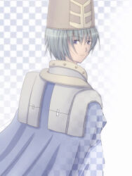 1boy armor blue_eyes brown_hat checkered_background closed_mouth commentary_request crusader_(ragnarok_online) dated_commentary expressionless green_hair grey_background hat looking_at_viewer looking_back male_focus open_mouth pauldrons ragnarok_online shako_cap sharari short_hair shoulder_armor solo upper_body white_background