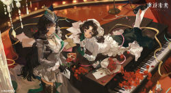 2girls absurdres anjo_nala black_gloves black_hair black_shoes black_skirt boots bouquet box brown_boots candle coif copyright_name corset cowboy_shot envelope fire fishnet_veil flower full_body gloves grand_piano green_gloves grey_hat grey_jacket grey_skirt hand_up hat heart-shaped_box highres holding holding_flower indoors instrument isolde_(and_all_that_jazz)_(reverse:1999) isolde_(reverse:1999) jacket legs_up logo long_hair long_skirt lying multiple_girls official_alternate_costume official_art on_piano on_stomach pantyhose paper parted_lips piano pinstripe_pattern pinstripe_shirt purple_eyes red_flower red_rose reverse:1999 rose shirt shoes skirt stage striped_clothes striped_shirt the_pose thigh_boots vertical-striped_clothes vertical-striped_shirt white_corset white_hat white_pantyhose white_shirt