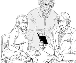 akuma_(street_fighter) american_psycho bad_id bag bare_shoulders bb_(baalbuddy) black_sclera bow bowtie braid breasts chair closed_mouth colored_sclera commentary crossover cup dress english_commentary flower glasses greyscale handbag highres holding inactive_account julia_chang large_breasts lee_chaolan long_hair long_sleeves looking_at_another monochrome on_chair parody parted_lips plate receipt restaurant sanpaku short_hair simple_background sitting smile street_fighter sweatdrop teacup tekken tray waiter white_background