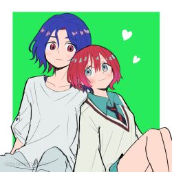 1boy 1girl amate_yuzuriha aqua_eyes artist_name blue_hair blush border botamothitarte collared_shirt colored_inner_hair commentary green_background gundam gundam_gquuuuuux heart highres leaning_on_person long_sleeves multicolored_hair necktie purple_hair red_eyes red_hair school_uniform shirt short_hair shuji_ito simple_background sitting skirt smile sweater twitter_username two-tone_hair watermark white_border white_shirt