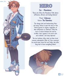 Rule 34 | alternate costume, alternate eye color, alternate hair color, alternate hair length, alternate hairstyle, black gloves, black pants, blue hair, brown hair, character name, closed mouth, crossover, dark-skinned male, dark skin, ear piercing, english text, frying pan, gloves, green eyes, hero (faraway) (omori), hero (omori), highres, holding, holding frying pan, honkai: star rail, honkai (series), lips, long hair, long sleeves, low ponytail, mel (melmellie), mole, mole under eye, multicolored hair, omori, pants, piercing, ponytail, streaked hair, twitter username