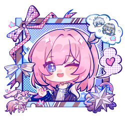 1girl 2girls ;o blue_eyes chinese_commentary coat commentary_request cyrene_(honkai:_star_rail) dress grey_hair heart highres honkai:_star_rail honkai_(series) luohanhandewo mem_(honkai:_star_rail) multiple_girls one_eye_closed phainon_(honkai:_star_rail) picture_frame pink_fur pink_hair pink_pupils purple_coat simple_background spoken_heart stelle_(honkai:_star_rail) tail trailblazer_(honkai:_star_rail) white_background white_dress white_hair yellow_eyes