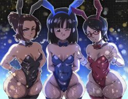 Rule 34 | 3girls, aged up, alternate costume, artist name, bare shoulders, black eyes, black hair, blue background, breasts, brown eyes, brown hair, crossover, curvy, dragon ball, dragonball z, fishnets, gabi braun, glasses, gradient background, hands on own hips, leotard, long hair, multiple girls, nexxa, one eye closed, pan (dragon ball), playboy bunny, ribbon, shingeki no kyojin, short hair, small breasts, smile, tongue, tongue out, uchiha sarada, v v, wrist cuffs
