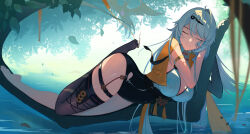 1girl absurdres arm_strap ass barefoot bird blue_sky breasts cleavage closed_eyes closed_mouth collared_shirt facing_viewer falling_leaves feet full_body hair_ornament hairclip high-waist_shorts highres jacket large_breasts leaf looking_at_viewer lying mangrove off-shoulder_jacket off_shoulder on_branch on_tree shirt shorts single_thighhigh sky sleeping sleeveless sleeveless_shirt smile solo suimeng_yz thigh_strap thighhighs thighs water white_hair white_shirt yellow_jacket yixuan_(zenless_zone_zero) zenless_zone_zero