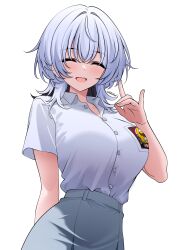 1girl absurdres aldided black_hair blush breasts closed_eyes colored_inner_hair facing_viewer fox_shadow_puppet grey_hair grey_skirt highres indonesian_high_school_uniform large_breasts medium_hair multicolored_hair open_mouth original school_uniform shirt shirt_tucked_in simple_background skirt solo upper_body white_background white_shirt