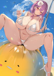 1girl beach_umbrella bikini blue_sky breasts bubble cameltoe cleavage commentary_request covered_erect_nipples feet_out_of_frame flower hair_between_eyes hair_flower hair_ornament high_heels huge_breasts long_hair looking_at_viewer lotion_bottle lube momi original puffy_nipples purple_hair red_eyes scrunchie shoes sitting skindentation sky solo spread_legs swimsuit umbrella white_bikini white_flower white_shoes wrist_scrunchie