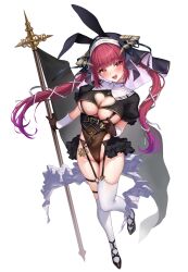 absurdres animal_ears black_gloves breasts cleavage cleavage_cutout clothing_cutout crop_top demon_horns fake_animal_ears flag gloves heart_cutout heterochromia highres holika_baby hololive horns houshou_marine large_breasts leotard long_hair looking_at_viewer open_mouth rabbit_ears red_eyes red_hair revealing_clothes see-through_clothes see-through_leotard short_sleeves solo thighhighs twintails virtual_youtuber white_background yellow_eyes