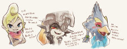 1boy 2girls bandana bare_shoulders beak bird_boy black_skin blonde_hair blue_eyes blue_fur blue_hair blue_scarf blue_shirt blush_stickers body_fur braid colored_sclera colored_skin cropped_torso crossed_arms dark-skinned_female dark_skin demon_girl fang furry furry_male green_eyes grey_headwear grin hair_tie half-closed_eyes hand_up happy helmet highres japanese_text looking_at_viewer medium_hair midna multicolored_skin multiple_girls nintendo one_eye_covered open_mouth orange_hair pointy_ears ponytail portrait red_bandana red_eyes revali rito scarf shirt short_hair sidelocks simple_background sketch sleeveless sleeveless_shirt smile talking teeth tetra the_legend_of_zelda the_legend_of_zelda:_breath_of_the_wild the_legend_of_zelda:_the_wind_waker the_legend_of_zelda:_twilight_princess translation_request two-tone_fur two-tone_skin ukata upper_body white_background white_fur white_skin yellow_sclera