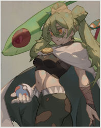 18660081532 1girl 1other absurdres black_pants border camouflage camouflage_legwear clenched_teeth cloak commentary crop_top double_bun flygon gen_3_pokemon gloves great_ball green_hair green_leggings grey_background ground_miku_(project_voltage) hair_between_eyes hair_bun hatsune_miku highres holding holding_poke_ball leggings long_hair midriff navel nintendo open_mouth orange_eyes pants poke_ball pokemon pokemon_(creature) project_voltage single_glove smile teeth twintails vocaloid white_border white_cloak white_gloves wrist_wrap