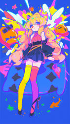 1girl asymmetrical_legwear bilibili_3461583319600097 blonde_hair blush bow breasts chinese_commentary choker colorful_background commentary_request detached_sleeves dress facing_viewer fish full_body hair_between_eyes heterochromia highres indie_virtual_youtuber kaofish long_bangs looking_at_viewer octopus pillow pleated_dress red_eyes red_thighhighs ribbon shoes standing star_(symbol) star_print thighhighs wavy_hair yellow_eyes yellow_thighhighs