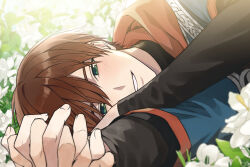 Rule 34 | 1boy, 1other, alter (mabinogi), black shirt, blush, brown hair, commentary request, fingernails, flower, green eyes, hair between eyes, hood, hood down, hooded shirt, interlocked fingers, korean commentary, layered sleeves, leaf, long sleeves, lying, mabinogi, male focus, on side, parted bangs, ray (lthenray), shirt, short over long sleeves, short sleeves, smile, solo focus, teeth, upper body, white flower
