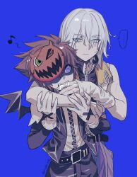 ... 2boys aqua_eyes arms_around_neck bare_shoulders biting biting_finger black_jacket black_shirt black_shorts blue_background blue_eyes brown_hair claws detached_sleeves gloves grey_hair hair_between_eyes highres jacket kingdom_hearts kingdom_hearts_ii male_focus medium_hair multiple_boys musical_note official_alternate_costume pumpkin_mask riku_(kingdom_hearts) saliva shirt short_hair shorts sora_(kingdom_hearts) spiked_hair spoken_ellipsis spoken_musical_note sweatdrop tsuba_258 twitter_username upper_body vest white_gloves white_sleeves white_vest yaoi