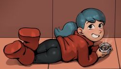 1girl ass black_eyes black_pants blue_hair blush boots couch cup drink grin hilda_(hilda) hilda_(series) holding holding_cup hot_chocolate jacket legs_up loli long_hair long_sleeves looking_back lying mug on_couch on_stomach pants pears ponytail red_footwear red_jacket red_sweater smile sweater teeth tight_clothes