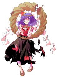 1girl after_battle alphes_(style) blush breasts brown_sandals clenched_hands commentary_request dairi defeat full_body hands_up highres large_variant_set leaf long_skirt maple_leaf medium_breasts parody purple_hair rope sandals shimenawa skirt solo style_parody tachi-e tears torn_clothes touhou transparent_background tunic underboob variant_set yasaka_kanako