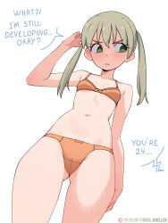 1girl absurdres arm_at_side artist_name averting_eyes bare_arms bare_legs bare_shoulders blush bow bow_bra bow_panties bra breast_conscious breasts collarbone commentary cowboy_shot english_commentary english_text gluteal_fold green_eyes grey_hair hair_between_eyes hand_up highres long_hair maka_albarn navel orange_bra orange_panties panties parted_lips patreon_logo patreon_username simple_background small_breasts solo soul_eater stomach tobias_wheller twintails underwear underwear_only white_background