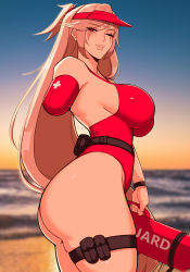 Rule 34 | 1girl, absurdres, alecto 0, amputee, ass, baiken, baywatch, beach, belt pouch, blurry, blurry background, breasts, curvy, detached sleeves, facial tattoo, fingernails, guilty gear, hat, highleg, highleg one-piece swimsuit, highres, holding, huge breasts, lifeguard, lips, long hair, ocean, one-eyed, one-piece swimsuit, one side up, photo background, pink hair, ponytail, pouch, red eyes, red hat, red one-piece swimsuit, scar, scar across eye, scar on face, single detached sleeve, skindentation, solo, swimsuit, tattoo, thick thighs, thigh pouch, thighs, twisted torso, very long hair, visor cap, watch, wristwatch