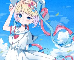 1girl aegyo_sal arm_behind_back blonde_hair blue_eyes blue_hair blue_sky bow chest_bow chouzetsusaikawa_tenshi-chan cloud cloudy_sky colored_tips dress falling_leaves hair_bow half-closed_eye hand_on_own_hat hat highres itomakirichan jewelry leaf looking_at_viewer multicolored_hair multicolored_nails multiple_hair_bows necklace needy_girl_overdose outdoors pearl_necklace pink_hair quad_tails school_uniform serafuku sky solo sun_hat white_dress white_serafuku