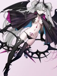 1girl absurdres black_cloak body_markings breasts cloak demon_girl demon_horns ear_piercing fate/grand_order fate_(series) green_eyes grey_hair highres horns lilith_(fate) lilith_(second_ascension)_(fate) long_hair looking_at_viewer medium_breasts piercing pointy_ears smile solo very_long_hair yyano4691