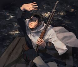 1boy beard belt_pouch black_hair boots cloak closed_mouth facial_hair golden_kamuy gun hashtag-only_commentary highres holding holding_gun holding_weapon looking_up male_focus military_uniform ogata_hyakunosuke pouch q441 sitting solo undercut weapon white_boots white_cloak