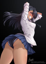1girl adsouto arms_up ass asymmetrical_bangs black_hair blue_skirt breasts grin hair_ornament hairclip highres ijiranaide_nagatoro-san long_hair medium_breasts miniskirt nagatoro_hayase panties shirt signature skirt smile solo standing tan underwear upskirt variant_set white_shirt yellow_eyes