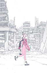 1girl alice_(nikke) animal_ear_headphones animal_ears bodysuit boots closed_mouth commentary cropped_jacket dilapidated fake_animal_ears full_body goddess_of_victory:_nikke grey_hair gun gun_on_back hashtag-only_commentary headphones jacket long_hair long_sleeves looking_ahead outdoors pink_bodysuit pink_jacket post-apocalypse rabbit_ears rifle rubble ruins sidelocks skin_tight smile sniper_rifle solo spot_color tokomichi twintails very_long_hair walking weapon weapon_on_back white_boots