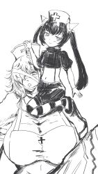 2girls alternate_costume apron bandaged_head bandages breasts chrome_(mon-musu_quest!) closed_mouth crop_top cross demon_girl dress frederika_(mon-musu_quest!) gloves greyscale hair_over_one_eye half-closed_eyes hand_on_another&#039;s_headwear hat highres horizontal-striped_thighhighs horns huge_breasts long_hair mon-musu_quest! monochrome multiple_girls navel nurse_cap open_mouth patchwork_skin puffy_short_sleeves puffy_sleeves red_cross ringed_eyes rubber_gloves shirt shoes short_sleeves shorts simple_background sitting_on_shoulder size_difference sketch smile stomach striped_clothes striped_thighhighs suspender_shorts suspenders thighhighs twintails un_do very_long_hair zombie
